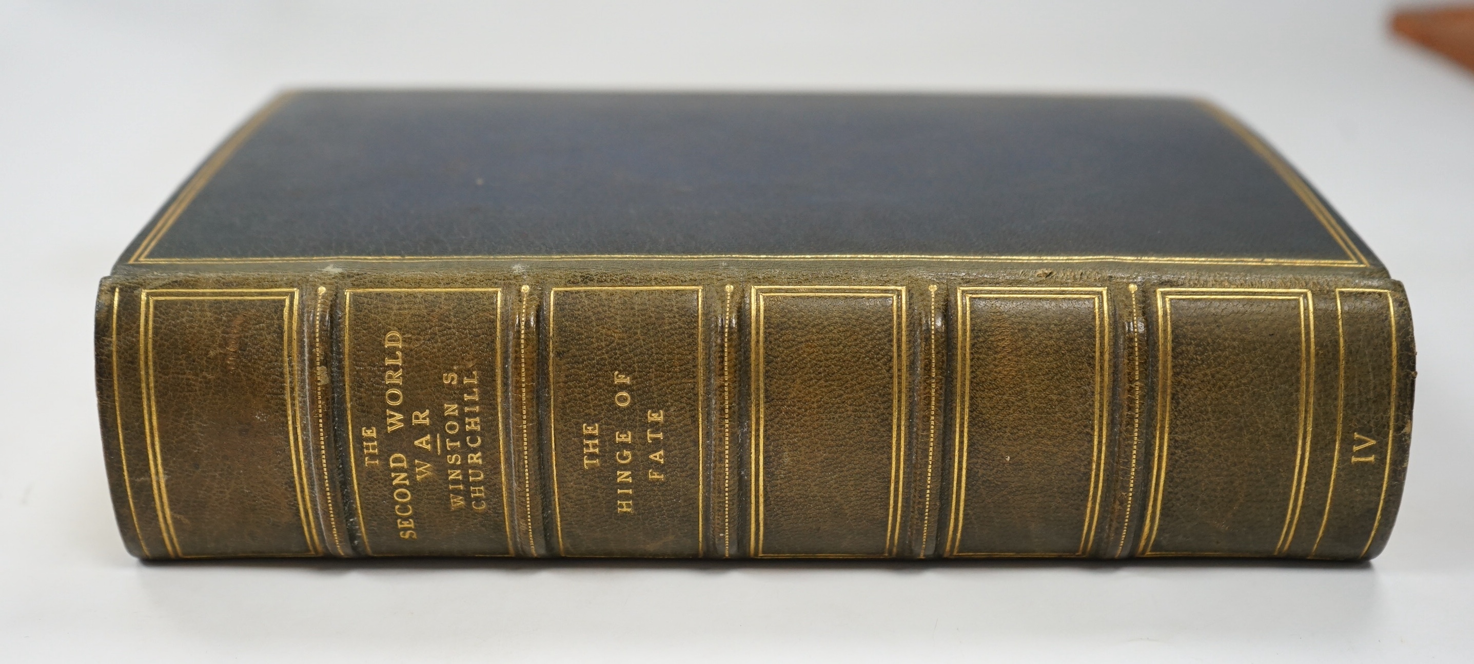 Fine binding - Churchill, Winston - The Second World War, Volume IV - The Hinge of Fate, 8vo, blue morocco gilt by Zaehnsdoorf, retailed by Hatchards, with folding maps, spine sunned, Cassell & Co. Ltd., London, etc., 19